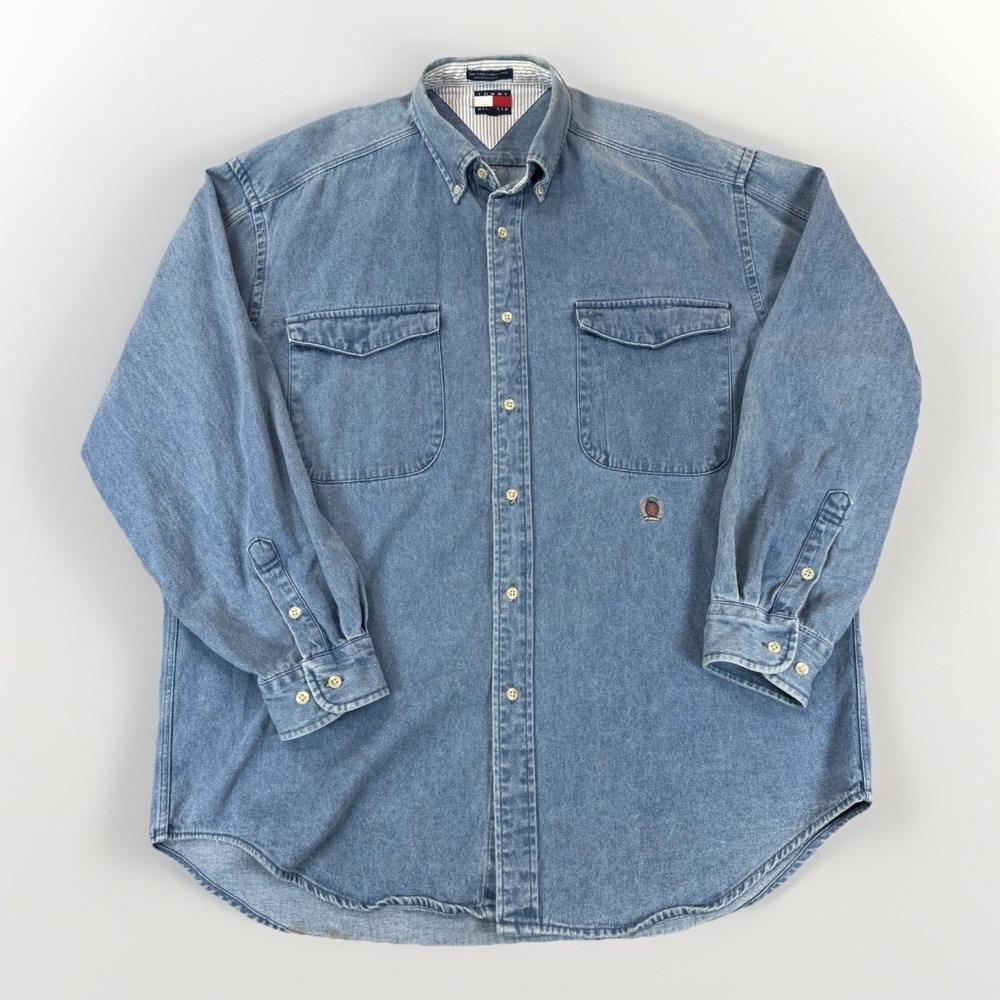 Vintage Tommy Hilfiger Denim Button Front Mens Med Crest Blue 90s Shirt